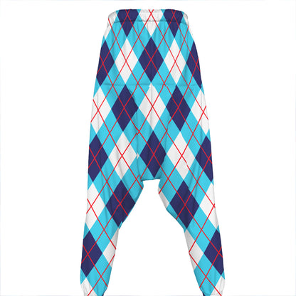 White Blue And Red Argyle Pattern Print Hammer Pants