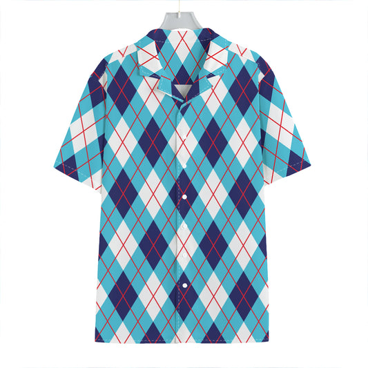 White Blue And Red Argyle Pattern Print Hawaiian Shirt