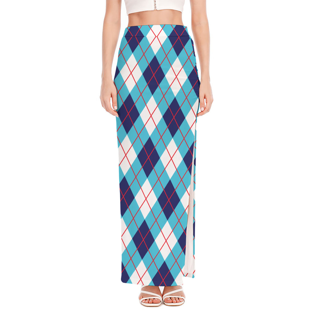 White Blue And Red Argyle Pattern Print High Slit Maxi Skirt