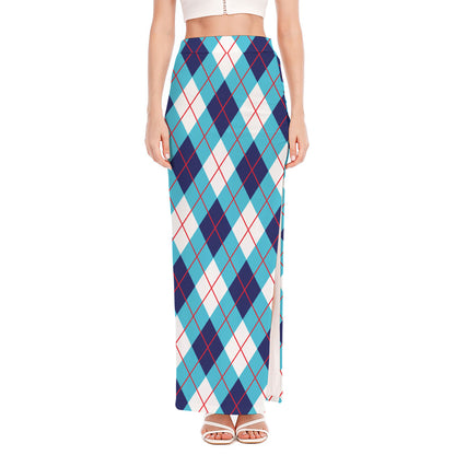 White Blue And Red Argyle Pattern Print High Slit Maxi Skirt
