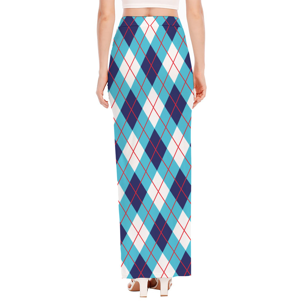White Blue And Red Argyle Pattern Print High Slit Maxi Skirt
