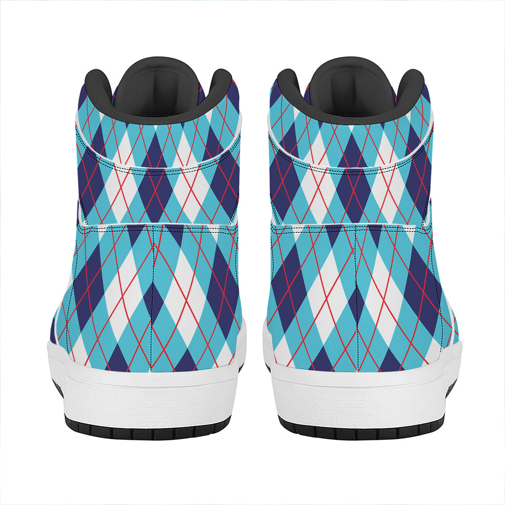 White Blue And Red Argyle Pattern Print High Top Leather Sneakers