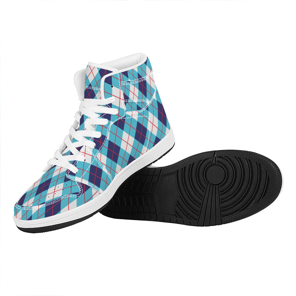 White Blue And Red Argyle Pattern Print High Top Leather Sneakers