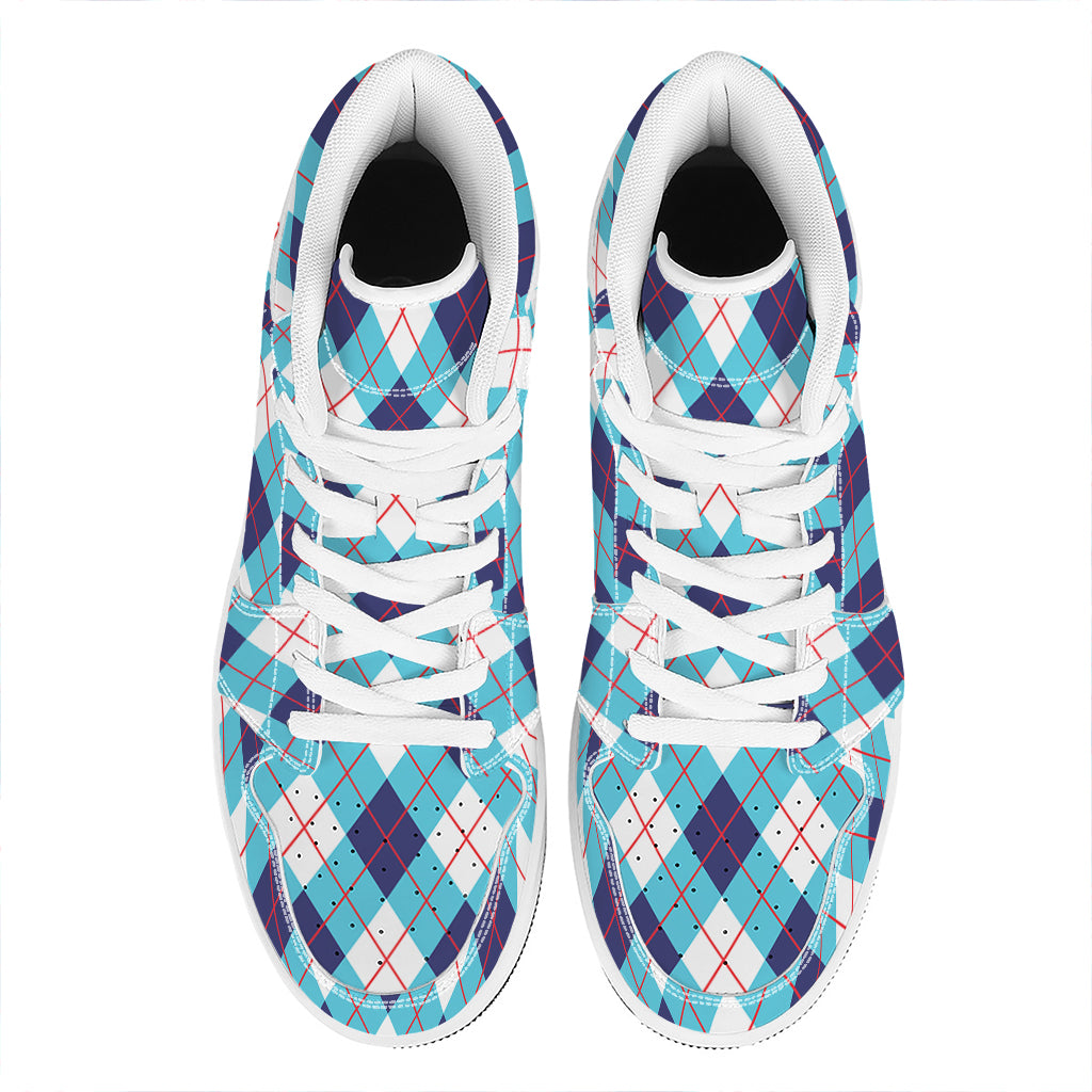 White Blue And Red Argyle Pattern Print High Top Leather Sneakers