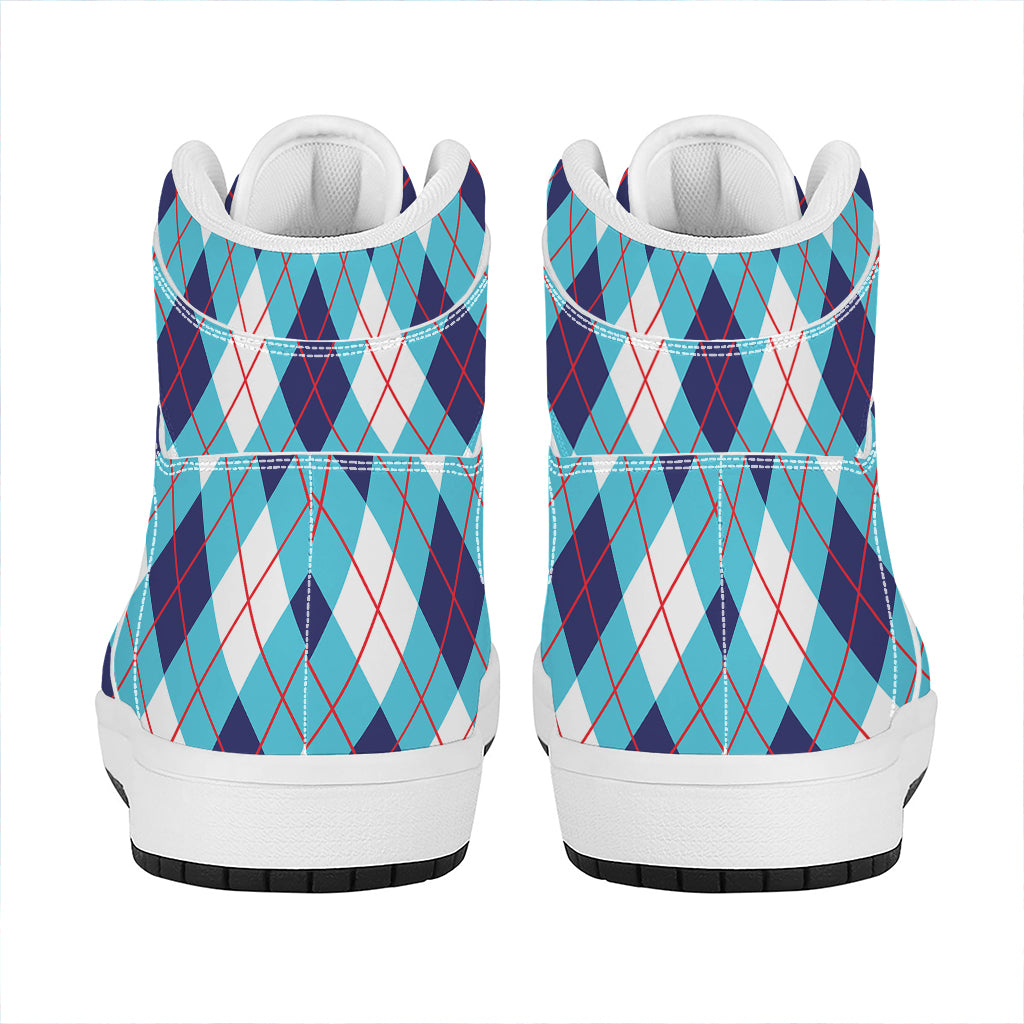 White Blue And Red Argyle Pattern Print High Top Leather Sneakers