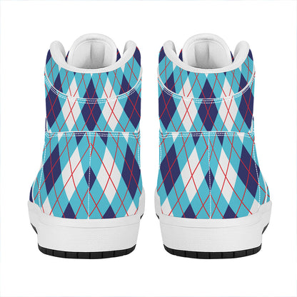 White Blue And Red Argyle Pattern Print High Top Leather Sneakers