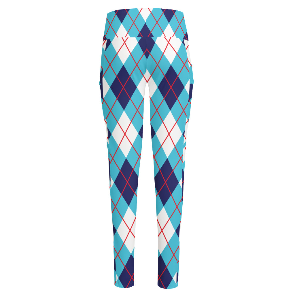 White Blue And Red Argyle Pattern Print High-Waisted Pocket Leggings