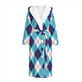 White Blue And Red Argyle Pattern Print Hooded Bathrobe