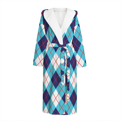 White Blue And Red Argyle Pattern Print Hooded Bathrobe