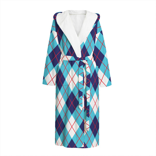 White Blue And Red Argyle Pattern Print Hooded Bathrobe