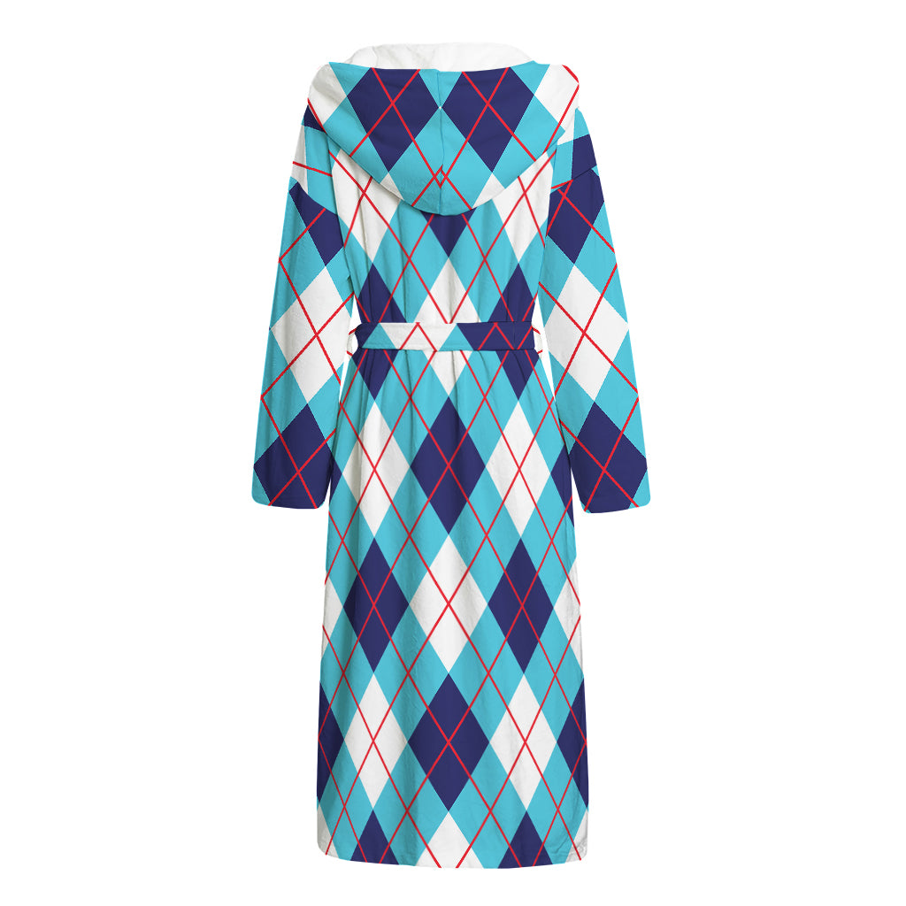 White Blue And Red Argyle Pattern Print Hooded Bathrobe