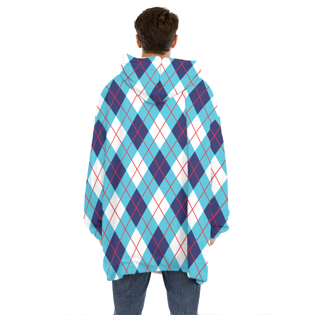 White Blue And Red Argyle Pattern Print Hoodie Blanket