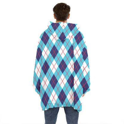 White Blue And Red Argyle Pattern Print Hoodie Blanket