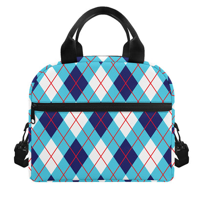 White Blue And Red Argyle Pattern Print Insulated Lunch Bag
