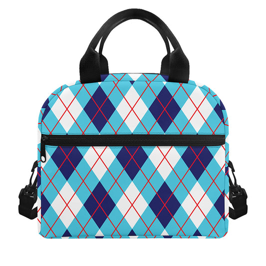 White Blue And Red Argyle Pattern Print Insulated Lunch Bag