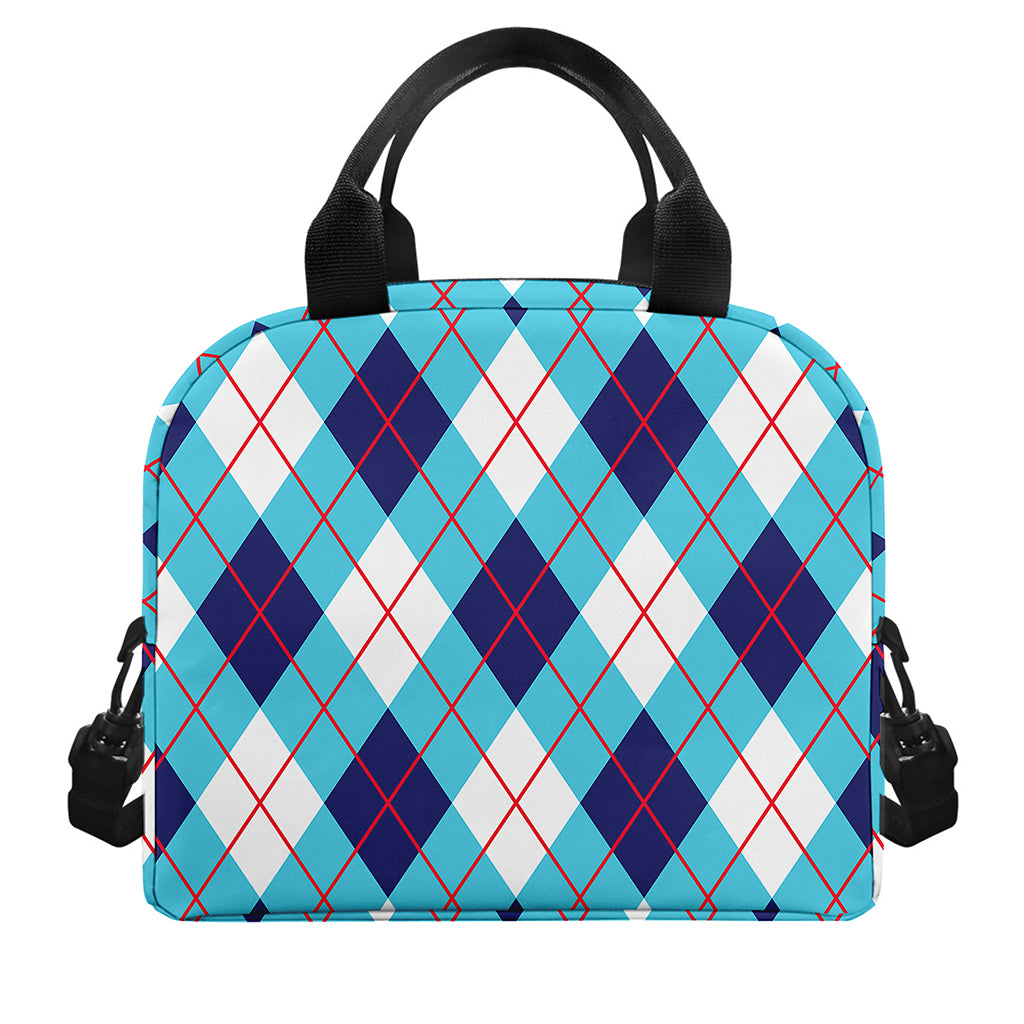 White Blue And Red Argyle Pattern Print Insulated Lunch Bag