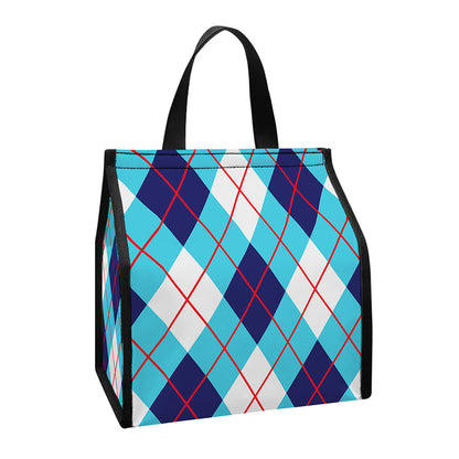 White Blue And Red Argyle Pattern Print Insulated Lunch Tote