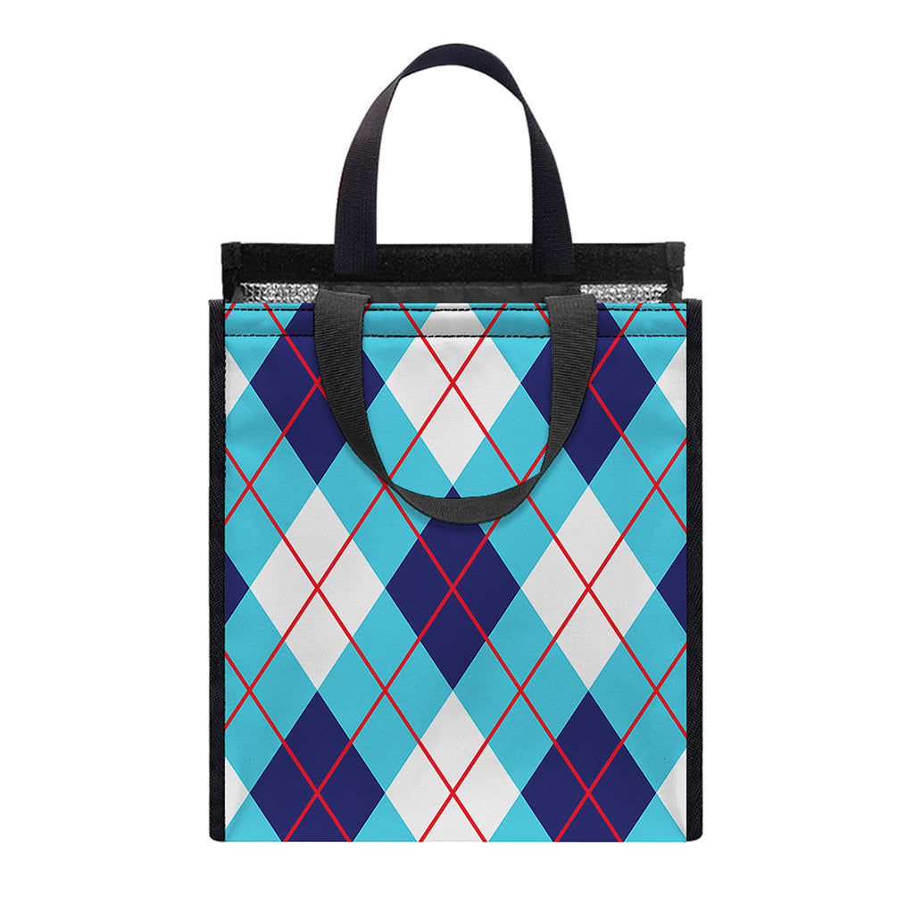 White Blue And Red Argyle Pattern Print Insulated Lunch Tote