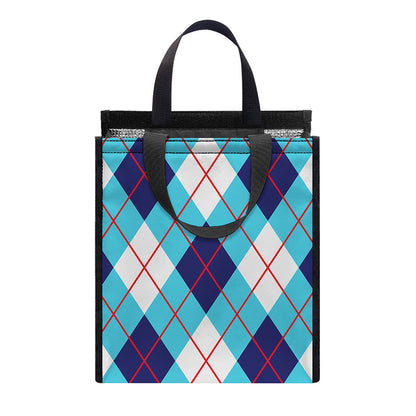White Blue And Red Argyle Pattern Print Insulated Lunch Tote