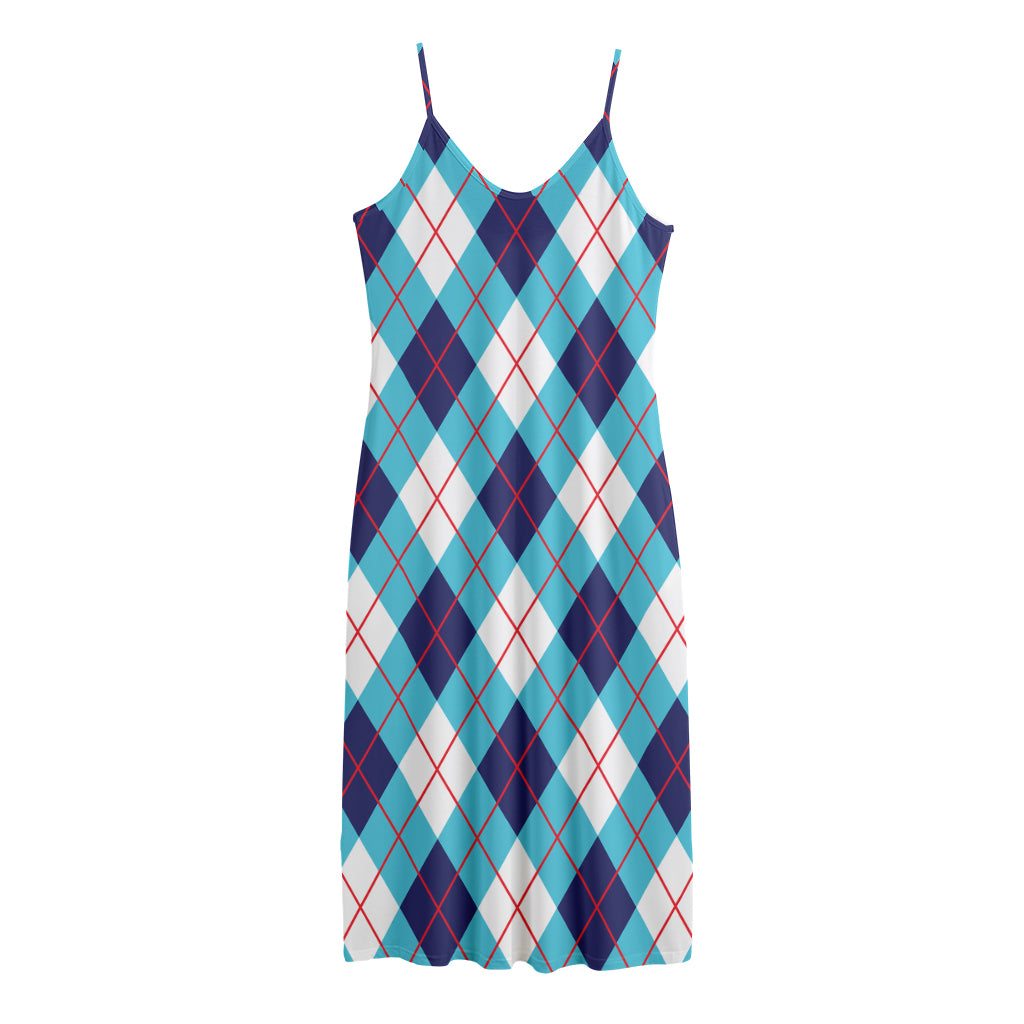 White Blue And Red Argyle Pattern Print Jersey Midi Cami Dress