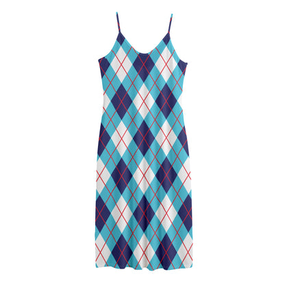 White Blue And Red Argyle Pattern Print Jersey Midi Cami Dress