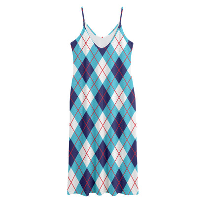 White Blue And Red Argyle Pattern Print Jersey Midi Cami Dress
