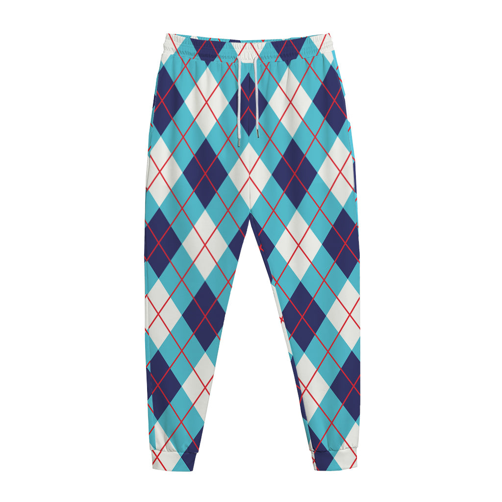 White Blue And Red Argyle Pattern Print Jogger Pants