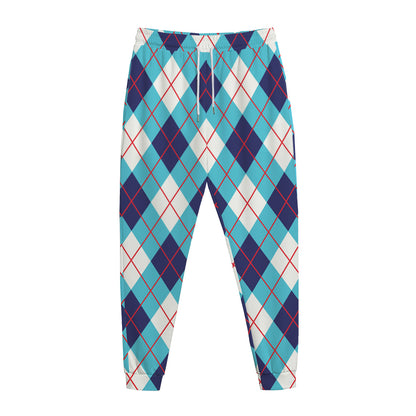 White Blue And Red Argyle Pattern Print Jogger Pants