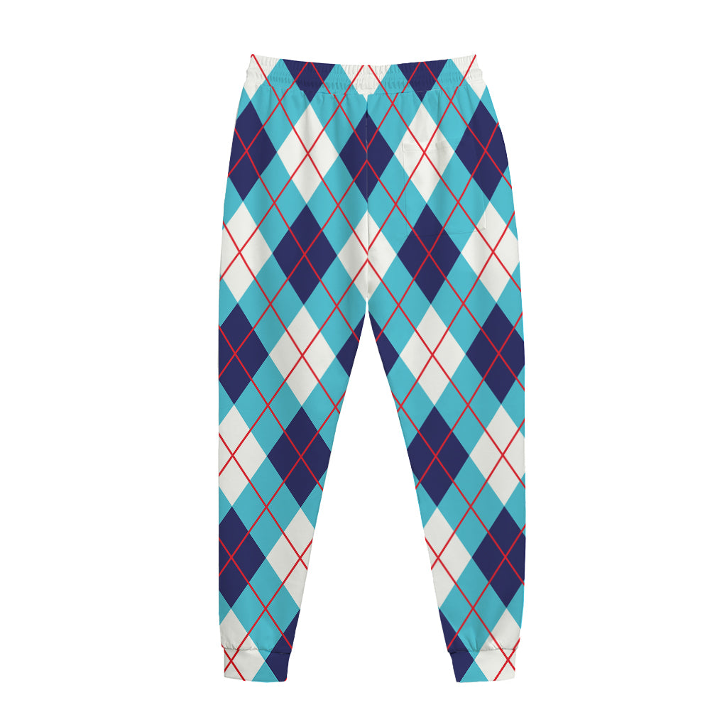 White Blue And Red Argyle Pattern Print Jogger Pants