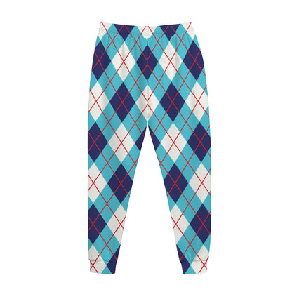 White Blue And Red Argyle Pattern Print Jogger Pants