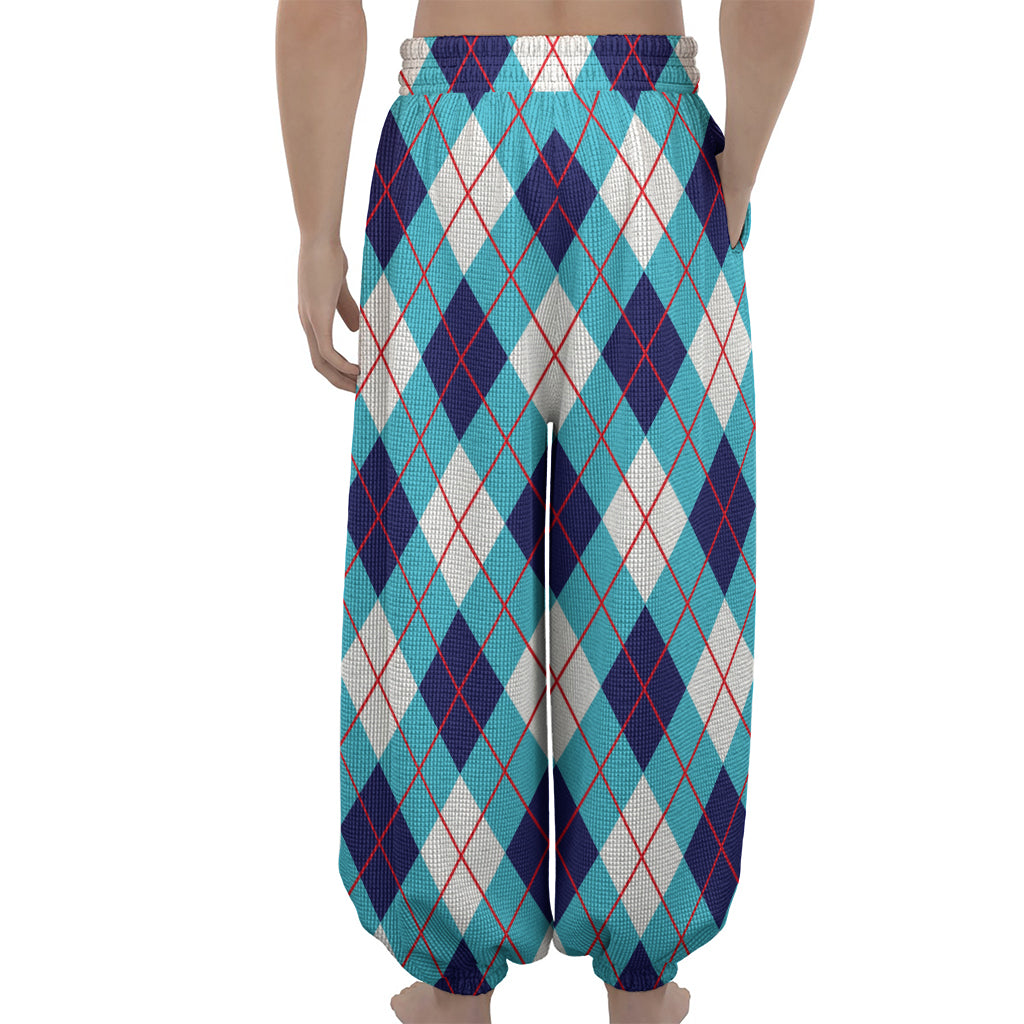 White Blue And Red Argyle Pattern Print Lantern Pants