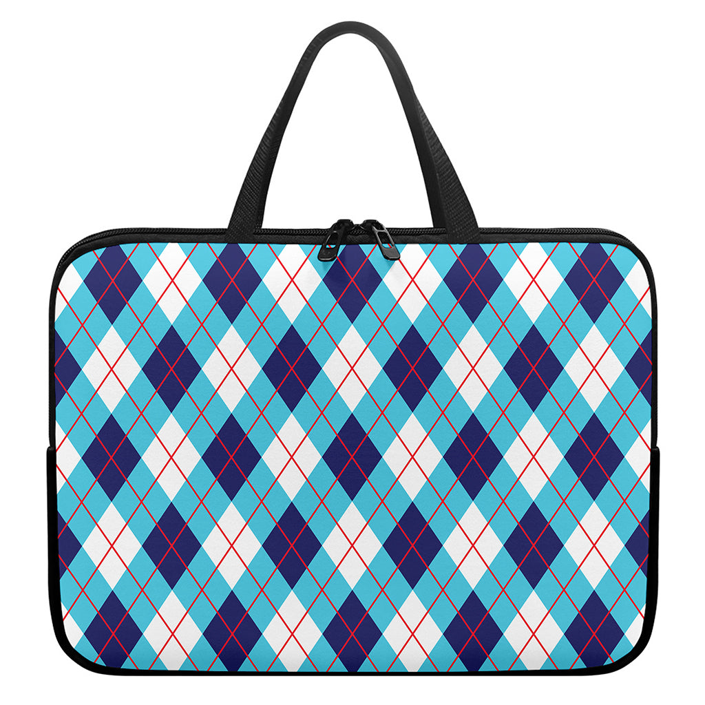 White Blue And Red Argyle Pattern Print Laptop Sleeve With Handle