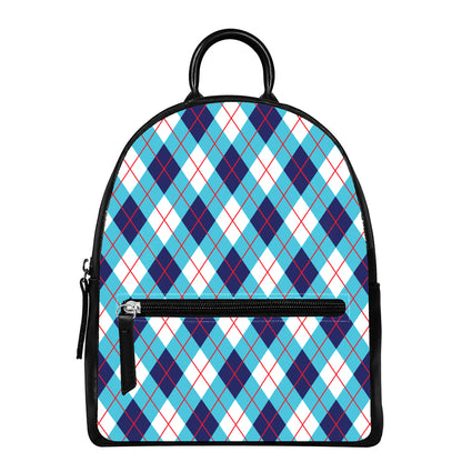 White Blue And Red Argyle Pattern Print Leather Backpack