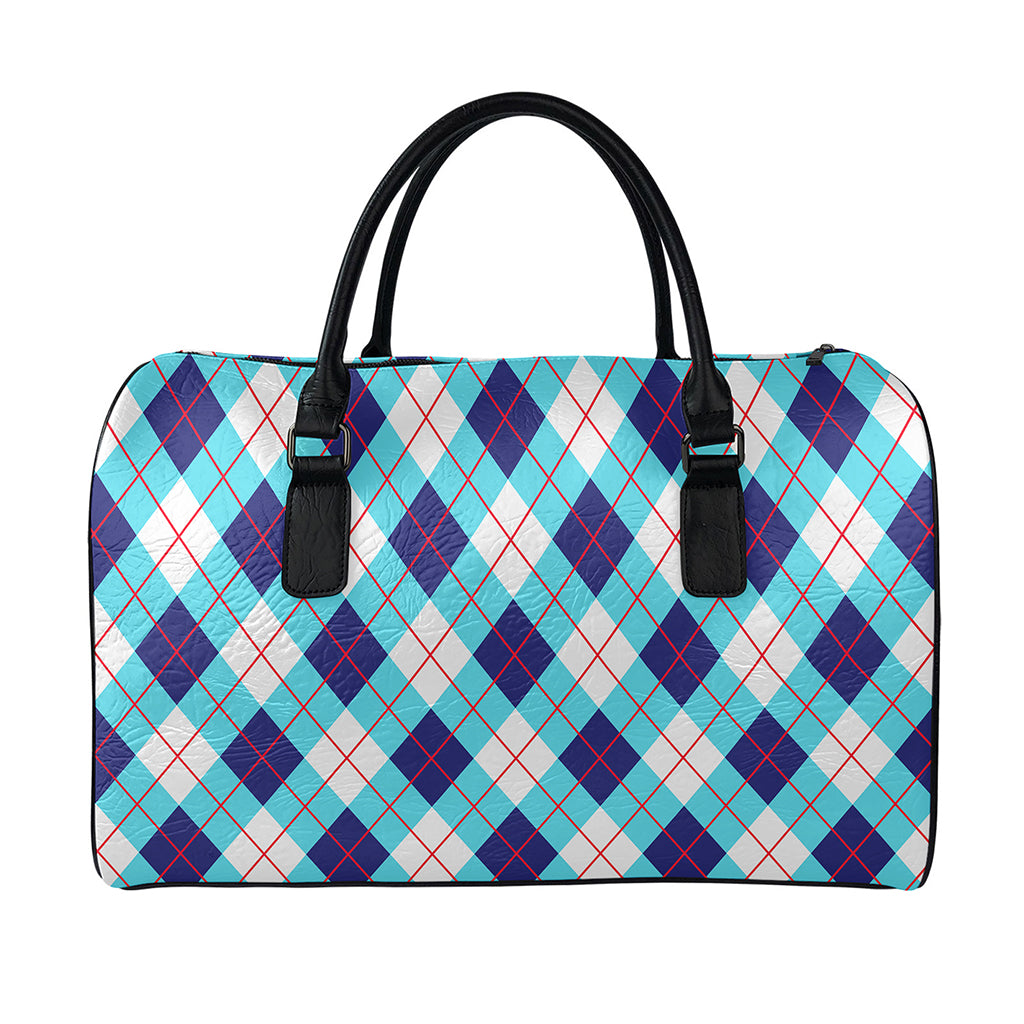 White Blue And Red Argyle Pattern Print Leather Duffle Bag