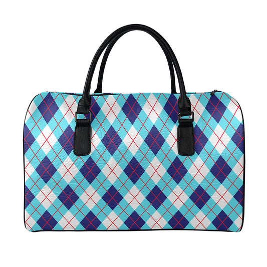 White Blue And Red Argyle Pattern Print Leather Duffle Bag