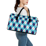 White Blue And Red Argyle Pattern Print Leather Duffle Bag