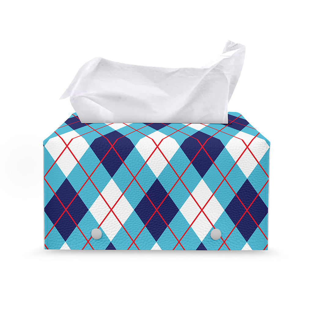 White Blue And Red Argyle Pattern Print Leather Tissue Box Cover