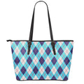 White Blue And Red Argyle Pattern Print Leather Tote Bag With Zipper