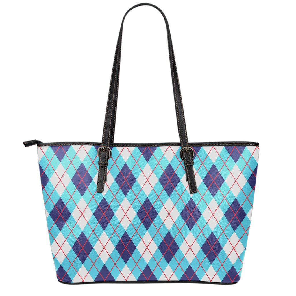 White Blue And Red Argyle Pattern Print Leather Tote Bag
