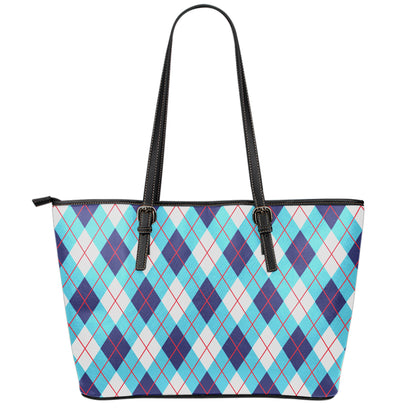 White Blue And Red Argyle Pattern Print Leather Tote Bag