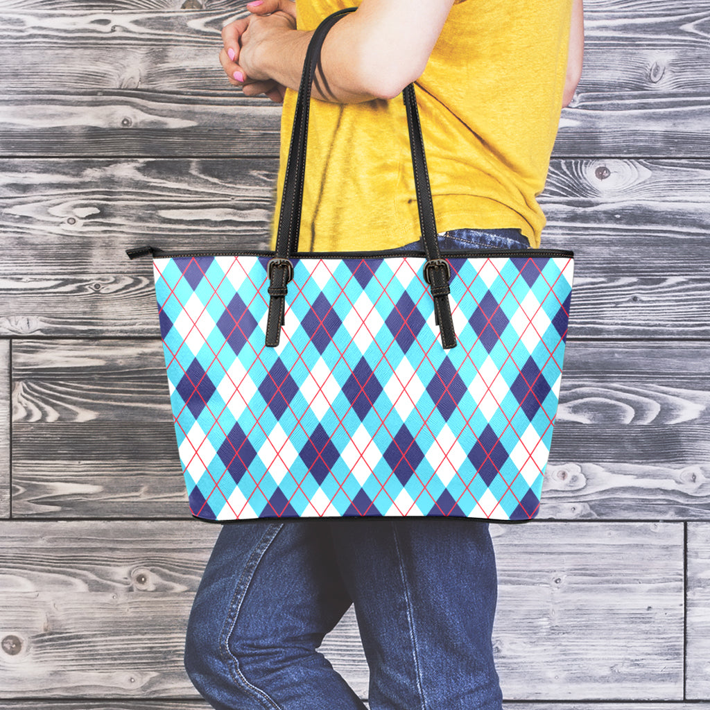 White Blue And Red Argyle Pattern Print Leather Tote Bag