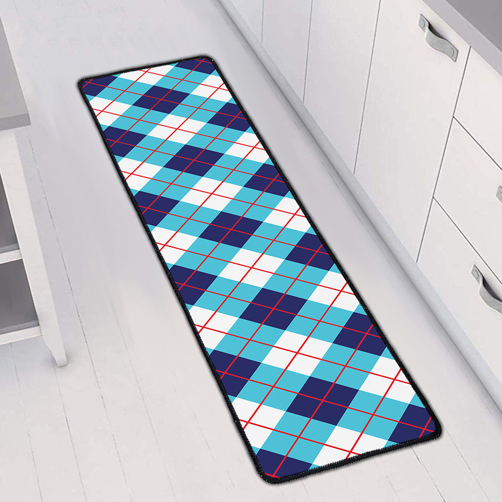 White Blue And Red Argyle Pattern Print Long Kitchen Mat