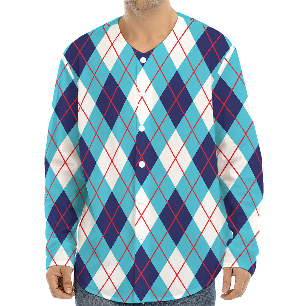 White Blue And Red Argyle Pattern Print Long Sleeve Baseball Jersey