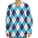 White Blue And Red Argyle Pattern Print Long Sleeve Baseball Jersey