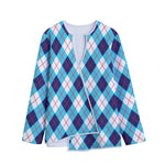 White Blue And Red Argyle Pattern Print Long Sleeve Short Coat