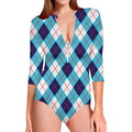White Blue And Red Argyle Pattern Print Long Sleeve Swimsuit