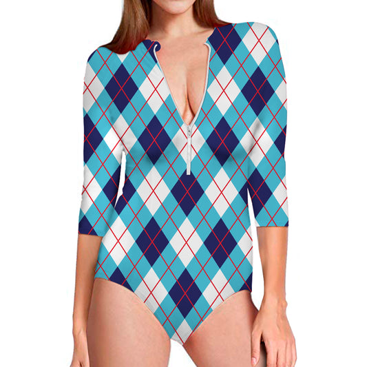 White Blue And Red Argyle Pattern Print Long Sleeve Swimsuit