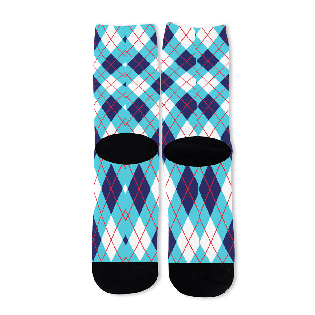 White Blue And Red Argyle Pattern Print Long Socks