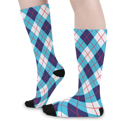 White Blue And Red Argyle Pattern Print Long Socks