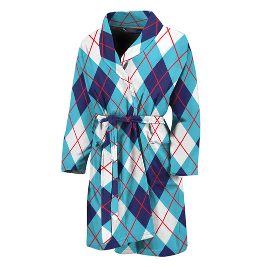 White Blue And Red Argyle Pattern Print Men's Bathrobe